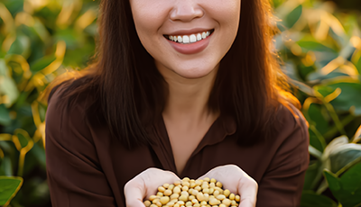 Woman holding fresh soybeans in a sunlit soybean field, representing soybean as a natural botanical ingredient used in skincare for nourishment and hydration.
