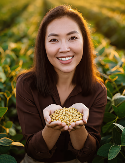 Woman holding fresh soybeans in a sunlit soybean field, representing soybean as a natural botanical ingredient used in skincare for nourishment and hydration.
