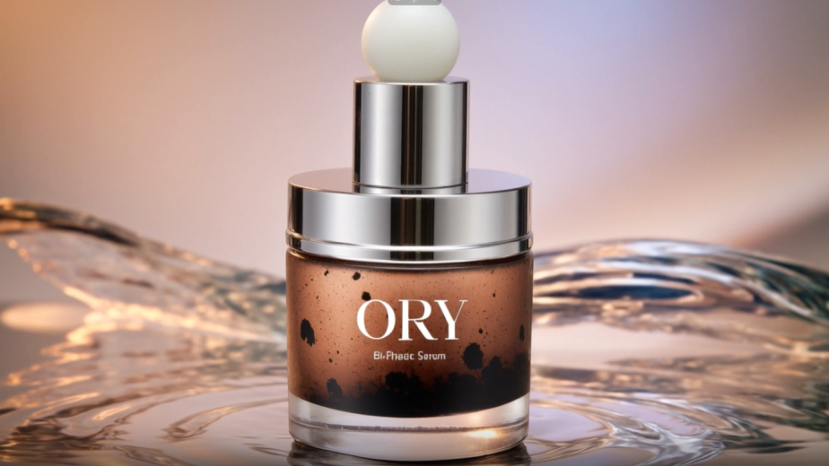 ORY bi-phasic serum bottle showing distinct oil and water layers, highlighting oil-and-water skincare synergy for balanced hydration and nourishment.