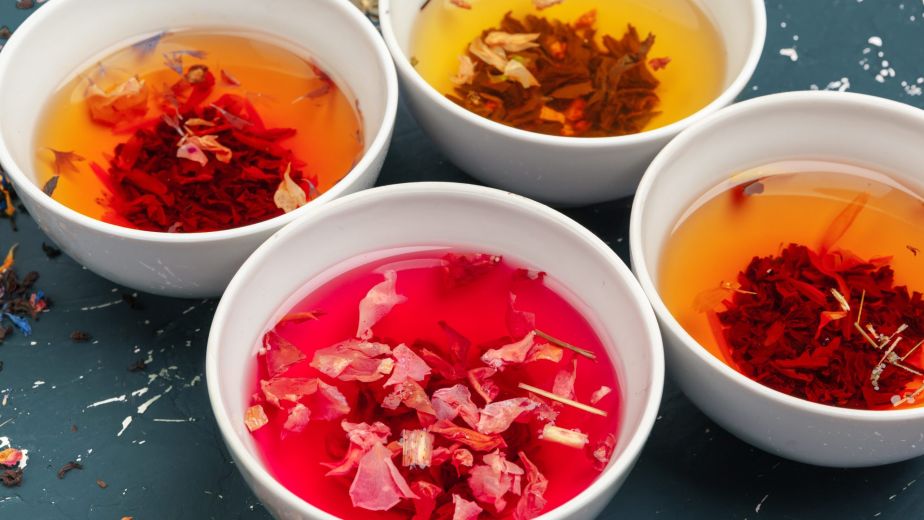 Natural botanical colorants steeped in liquid form, showcasing plant-based hues used in skincare formulations for function, sensorial experience, and visual balance.