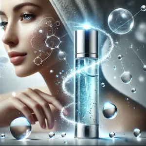 Ionized water skincare serum shown with molecular water structures and glowing hydration effects beside radiant skin, illustrating advanced absorption and skin compatibility.