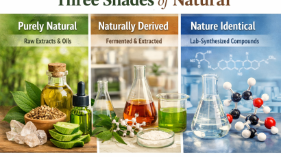 Three Shades of Natural clean beauty framework illustrating Purely Natural botanical oils and raw extracts, Naturally Derived fermented skincare ingredients, and Nature Identical lab-synthesized compounds used by ORY Skincare.