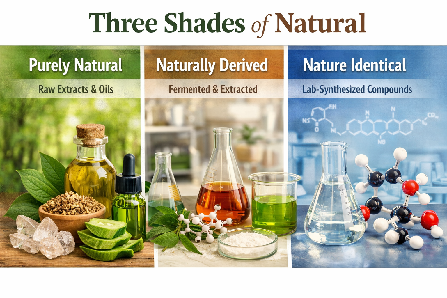 Three Shades of Natural clean beauty framework illustrating Purely Natural botanical oils and raw extracts, Naturally Derived fermented skincare ingredients, and Nature Identical lab-synthesized compounds used by ORY Skincare.