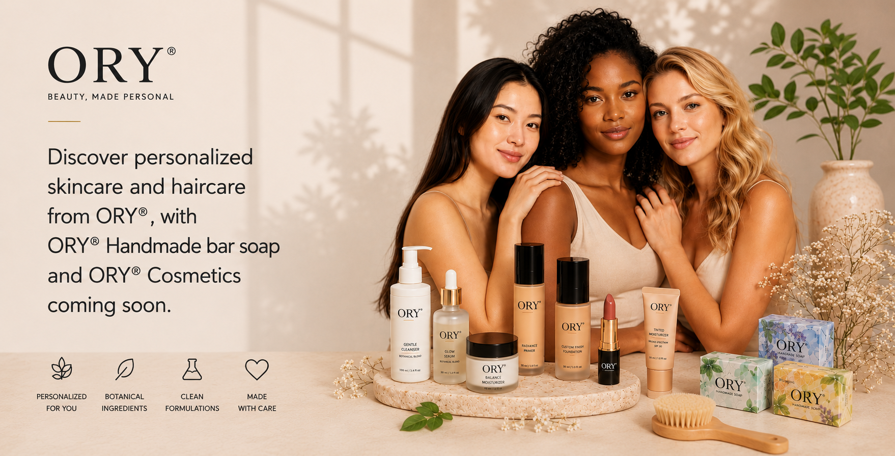 ORY® Beauty personalized skincare and haircare with diverse women and ORY® beauty products