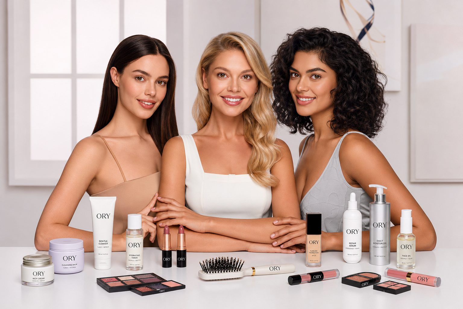ORY® Beauty skincare and haircare products with women representing diverse beauty and hair types
