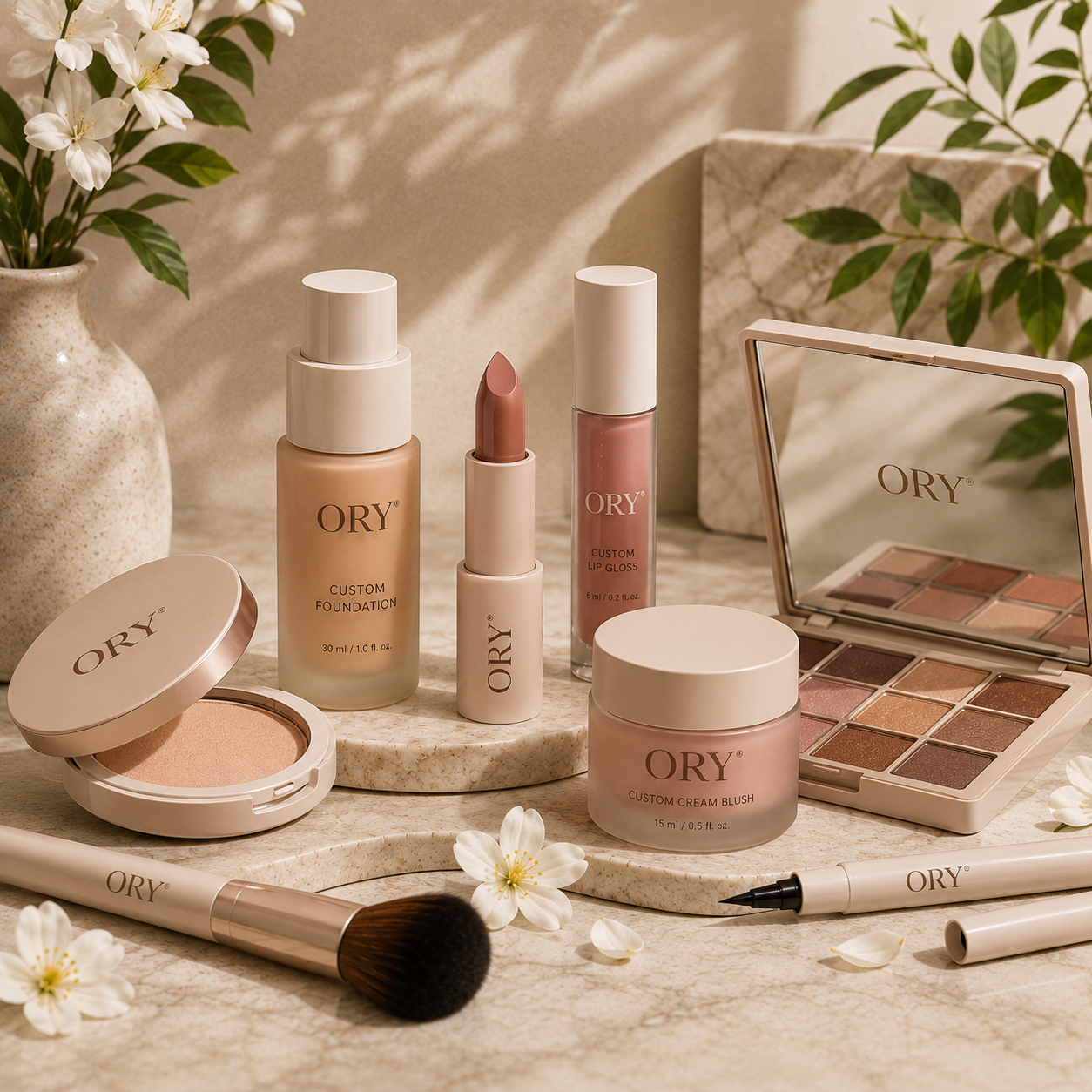 ORY® Cosmetics custom cosmetics collection with foundation, lipstick, lip gloss, blush and makeup palette