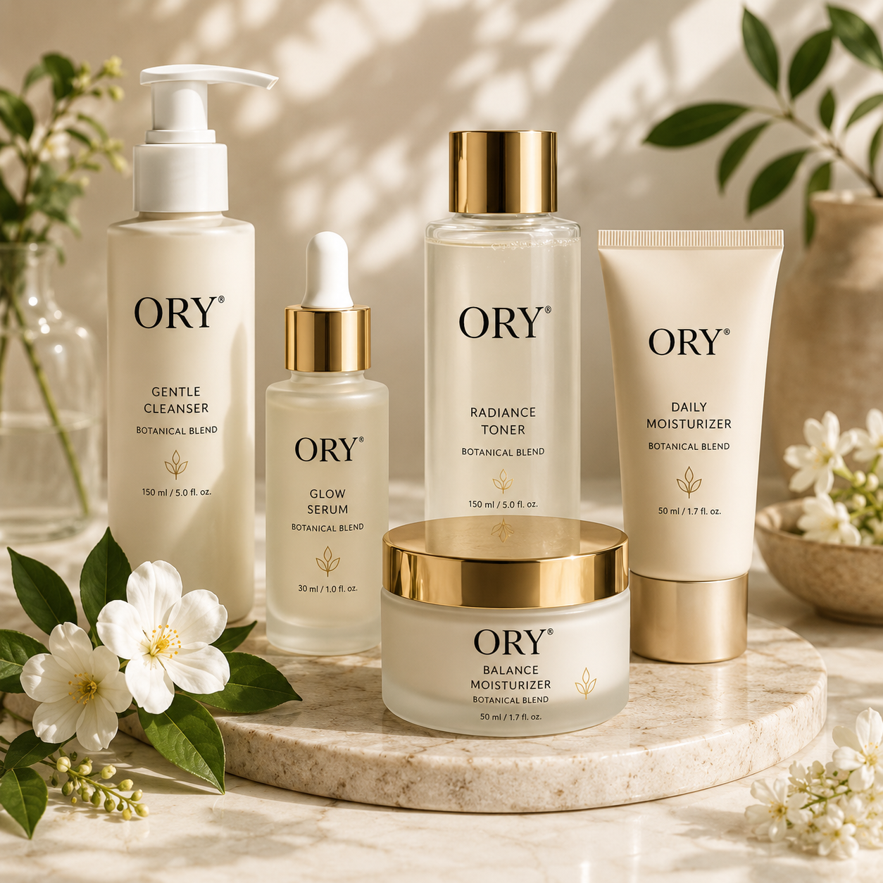 ORY® Skincare personalized skincare collection with cleanser, serum, toner and moisturizers