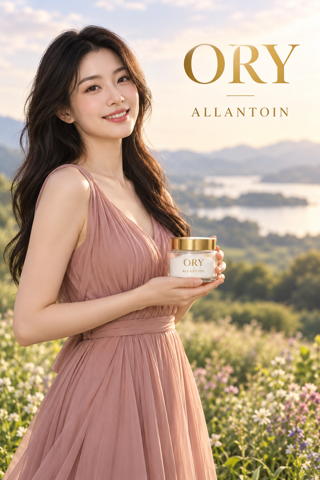 Smiling woman holding an ORY Allantoin jar in a meadow beneath elegant gold lettering.