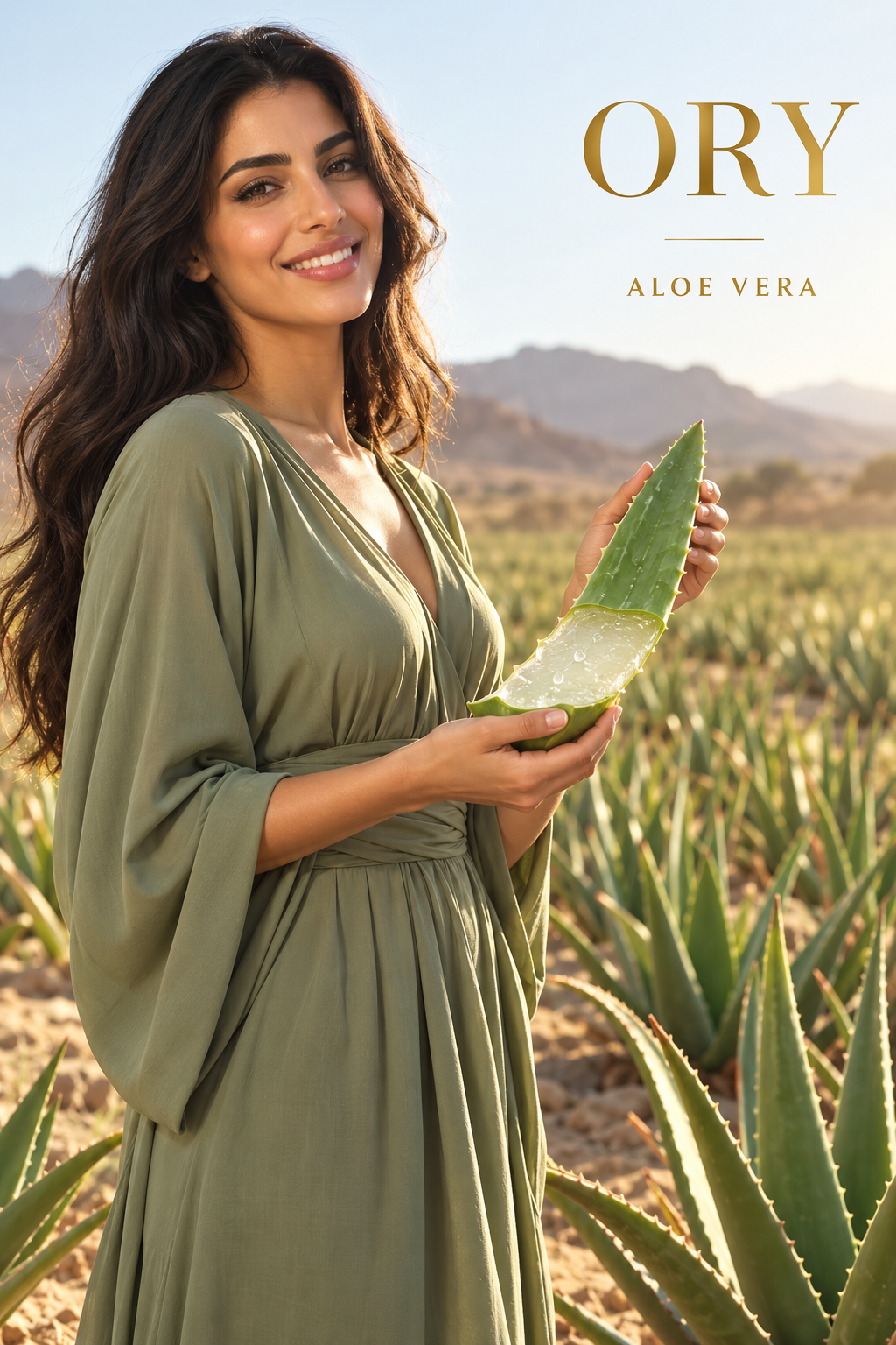 Smiling woman holding cut aloe leaf with visible gel in aloe field beneath gold ORY Aloe Vera lettering.