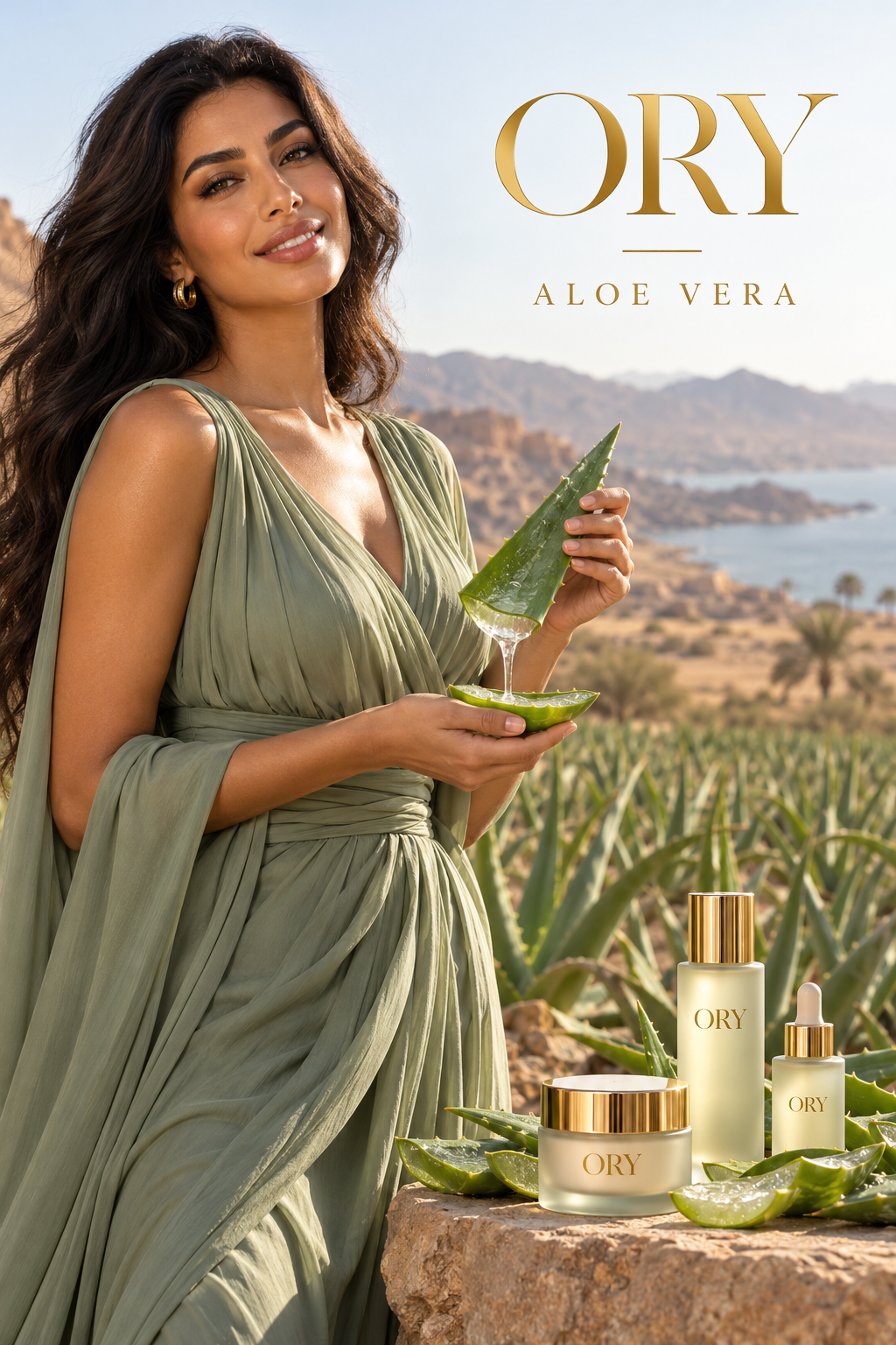 Smiling woman holding cut aloe leaf with visible gel in aloe field beneath gold ORY Aloe Vera lettering.