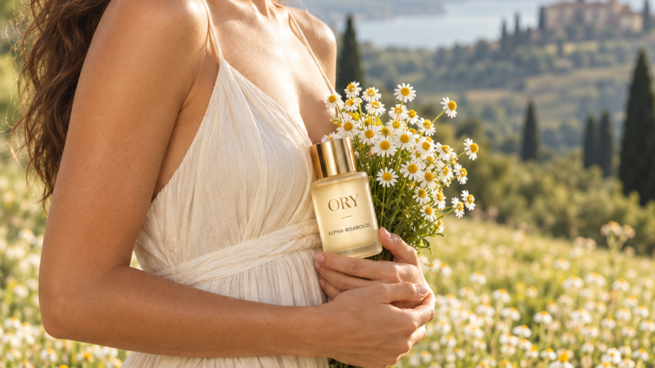 Smiling woman holding chamomile flowers and an ORY Alpha-Bisabolol bottle in a flowering field.